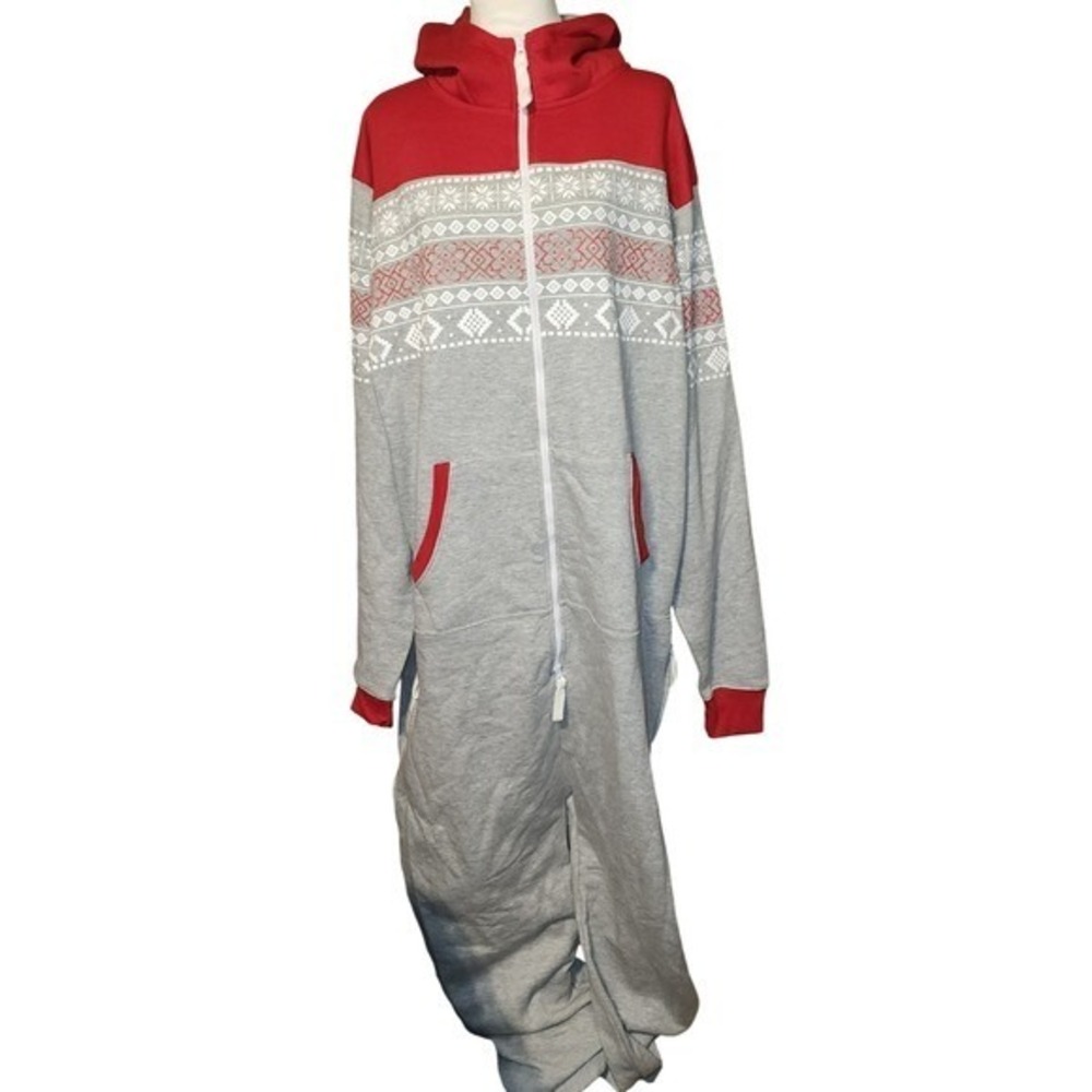 LOVE MY FASHIONS Aztec High Neck W/ Hood Warm Fleece  4XL Grey Red